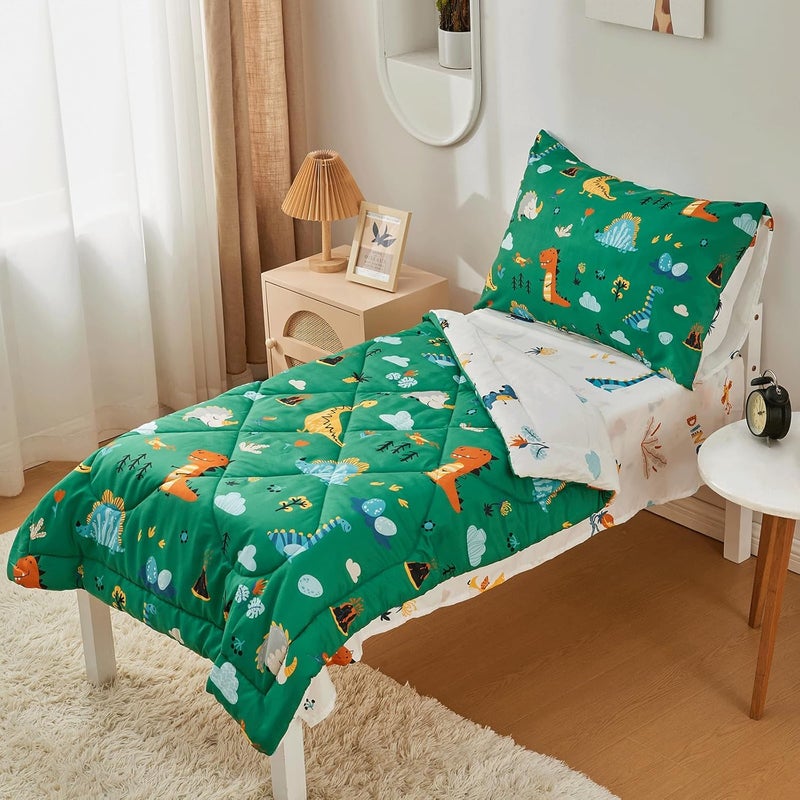 beeweed 4 Pieces Dinosaur Toddler Bedding Set Boys Girls, 2 Sides Design Bed in a Bag Comforter Set, Includes 1 Comforter, 1 Fitted Sheet, 1 Flat Sheet and 1 Reversible Pillowcase - Image 1